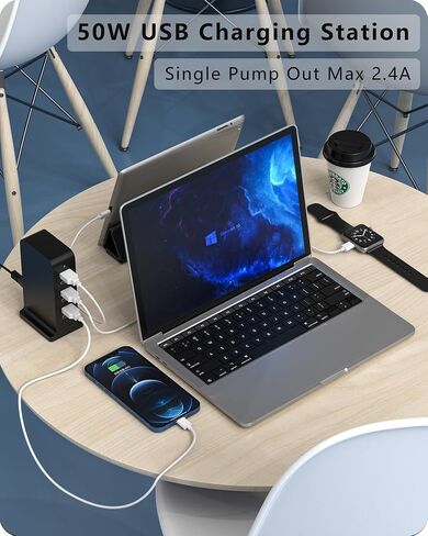 VPSUN USB Charger 6 Port 50W Multi USB Tower Charging Station for Multiple Devices iPhone 15/14/14 Pro/14 Pro Max/13 Pro/13 Pro Max/Android/Samsung/Tablet,etc (Black, 50W) in Saudi Arabia
