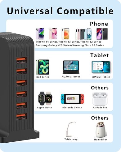 VPSUN USB Charger 6 Port 50W Multi USB Tower Charging Station for Multiple Devices iPhone 15/14/14 Pro/14 Pro Max/13 Pro/13 Pro Max/Android/Samsung/Tablet,etc (Black, 50W) in Saudi Arabia