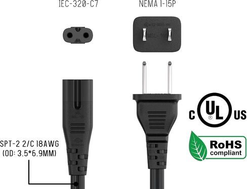 CableLeader 1ft 18 AWG سلك طاقة للكمبيوتر المحمول، غير مستقطب IEC320 C7 إلى 2 Prong NEMA 1-15P، بديل لأجهزة PS5 وPS4 والطابعات وأجهزة التلفزيون، أسود in Kuwait