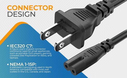 CableLeader 1ft 18 AWG سلك طاقة للكمبيوتر المحمول، غير مستقطب IEC320 C7 إلى 2 Prong NEMA 1-15P، بديل لأجهزة PS5 وPS4 والطابعات وأجهزة التلفزيون، أسود in Kuwait