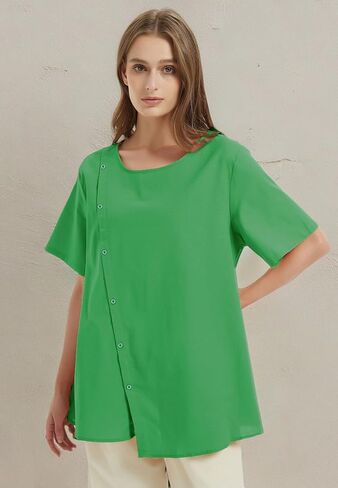 Minibee Women's Linen Blouse Tunic Short Sleeve Shirt Tops With Buttons Decoration in Kuwait