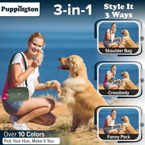 Puppington 3-in-1 Crossbody Dog Treat Pouch for Pet Training - Compostable Poop Bags, Built-In Poop Bag Dispenser, Slow-Feeding Travel Dog Bowl & Reflective Leash - Dog Walking Bag (Onyx Black) in Kuwait