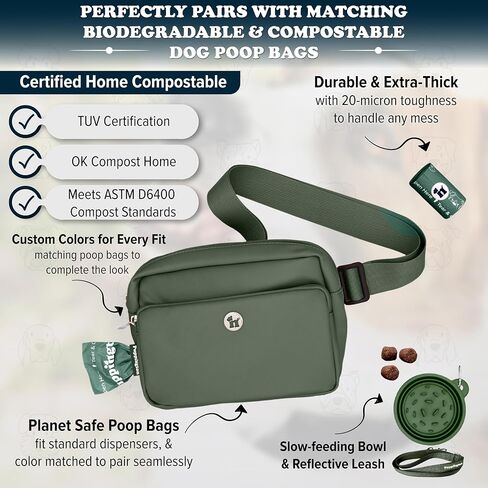 Puppington 3-in-1 Crossbody Dog Treat Pouch for Pet Training - Compostable Poop Bags, Built-In Poop Bag Dispenser, Slow-Feeding Travel Dog Bowl & Reflective Leash - Dog Walking Bag (Onyx Black) in Kuwait