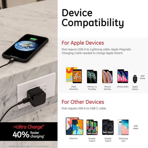 GE Pro Wall Charger, 12-Watt, Rapid Charge, Foldable Plug, Compatible with iPhone 15/Pro,Max/14/13, iPad Air/Pro, Samsung Galaxy S23/22, Google Pixel, Black, 35783 in Saudi Arabia