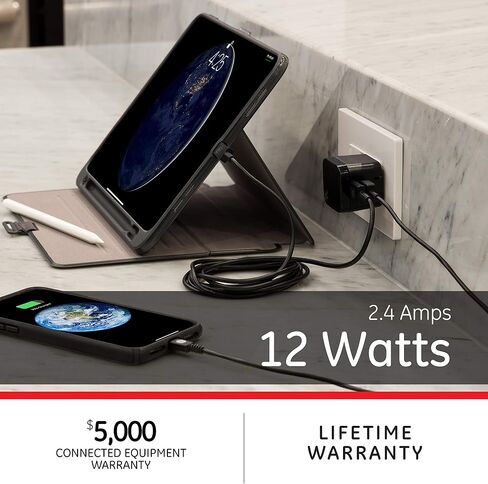 GE Pro Wall Charger, 12-Watt, Rapid Charge, Foldable Plug, Compatible with iPhone 15/Pro,Max/14/13, iPad Air/Pro, Samsung Galaxy S23/22, Google Pixel, Black, 35783 in Saudi Arabia