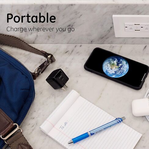 GE Pro Wall Charger, 12-Watt, Rapid Charge, Foldable Plug, Compatible with iPhone 15/Pro,Max/14/13, iPad Air/Pro, Samsung Galaxy S23/22, Google Pixel, Black, 35783 in Saudi Arabia