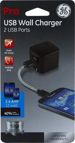 GE Pro Wall Charger, 12-Watt, Rapid Charge, Foldable Plug, Compatible with iPhone 15/Pro,Max/14/13, iPad Air/Pro, Samsung Galaxy S23/22, Google Pixel, Black, 35783 in Saudi Arabia