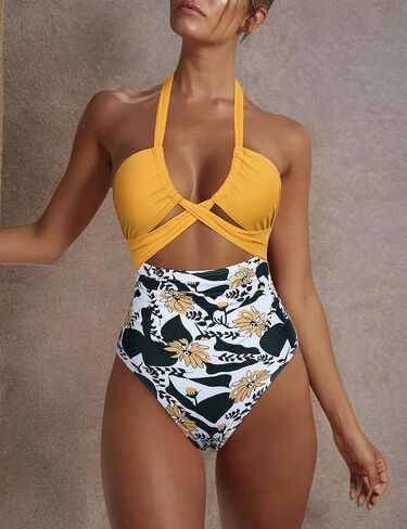 Hilor Women's One Piece Swimsuit Sexy Cutout Halter Bathing Suits Crossover High Cut Monokini Swimwear in Kuwait
