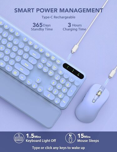 مجموعة لوحة مفاتيح وماوس لاسلكية - حروف مضيئة، مسند معصم مغناطيسي، لوحات مفاتيح بإضاءة خلفية قابلة لإعادة الشحن مع غطاء مفاتيح دائري للآلة الكاتبة القديمة، مجموعة لاسلكية للكمبيوتر والنوافذ والكمبيوتر الشخصي والكمبيوتر المحمول (أرجواني) in Kuwait