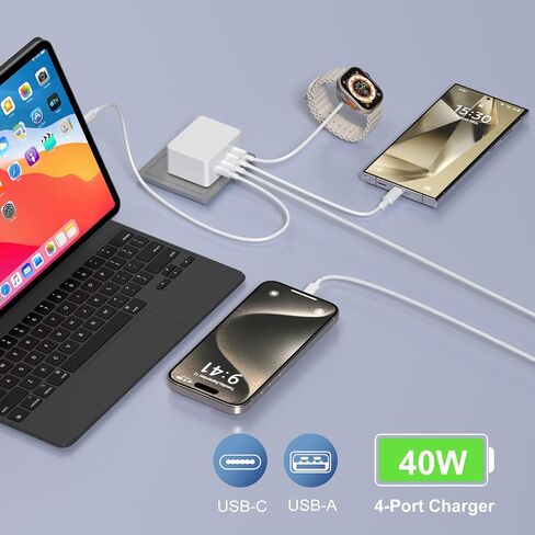 كتلة شاحن USB C، 40 وات 4 منافذ شحن سريع على الحائط، قابس USB C مكعب مزدوج + محول طاقة QC مسطح من النوع C متعدد المنافذ، كابل USB C إلى C مجدول بطول 6 أقدام لهاتف iPhone 16 15 iPad Pro Air5 AirPods Galaxy S24 in Kuwait