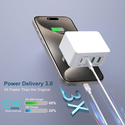 كتلة شاحن USB C، 40 وات 4 منافذ شحن سريع على الحائط، قابس USB C مكعب مزدوج + محول طاقة QC مسطح من النوع C متعدد المنافذ، كابل USB C إلى C مجدول بطول 6 أقدام لهاتف iPhone 16 15 iPad Pro Air5 AirPods Galaxy S24 in Kuwait