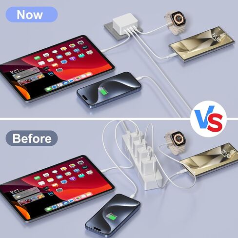 كتلة شاحن USB C، 40 وات 4 منافذ شحن سريع على الحائط، قابس USB C مكعب مزدوج + محول طاقة QC مسطح من النوع C متعدد المنافذ، كابل USB C إلى C مجدول بطول 6 أقدام لهاتف iPhone 16 15 iPad Pro Air5 AirPods Galaxy S24 in Kuwait