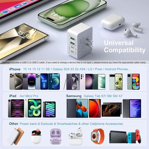 كتلة شاحن USB C، 40 وات 4 منافذ شحن سريع على الحائط، قابس USB C مكعب مزدوج + محول طاقة QC مسطح من النوع C متعدد المنافذ، كابل USB C إلى C مجدول بطول 6 أقدام لهاتف iPhone 16 15 iPad Pro Air5 AirPods Galaxy S24 in Kuwait