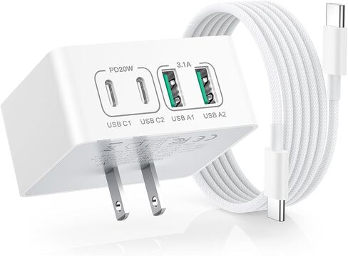 كتلة شاحن USB C، 40 وات 4 منافذ شحن سريع على الحائط، قابس USB C مكعب مزدوج + محول طاقة QC مسطح من النوع C متعدد المنافذ، كابل USB C إلى C مجدول بطول 6 أقدام لهاتف iPhone 16 15 iPad Pro Air5 AirPods Galaxy S24 in Kuwait