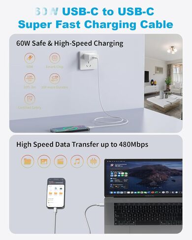 شاحن USBC لشاحن iPhone 16، شاحن tiavalmax USB C، 2 حزمة 45W PPS فائقة السرعة مدمجة USB C شاحن مع كابل USB C بطول 10 أقدام لهاتف iPhone 16/15/15 Plus/16 Pro Max، iPad Pro، Pixel، Galaxy in Kuwait