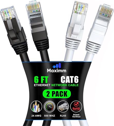 Maximm Cat 6 Ethernet Cable 8 ft (2-Pack) - High-Speed LAN Cable, Internet Cable, Patch Cable, and Network Cable - UTP, 10Gbps, 550MHz Ethernet Cord - Black & White in Kuwait