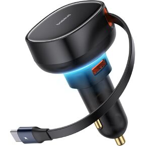 Baseus USB C Car Charger, 60W Retractable Car Charger, Dual Fast Charging, Compatible with iPhone 15/14/13/12 Pro Max, Plus, Samsung Galaxy S23/S22/S21 Ultra, Google Pixel and More