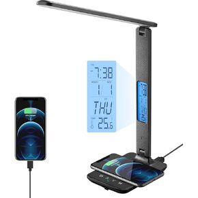 poukaran LED Desk Lamp with Wireless Charger, USB Charging Port, Table Lamp with Clock, Alarm, Date, Temperature, Desk Lamps for Home Office,Black