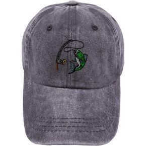 Vintage Washed Hat Sport Fishing Fish Logo Embroidery Cotton Dad Hats for Men & Women Buckle Closure Grey Design Only