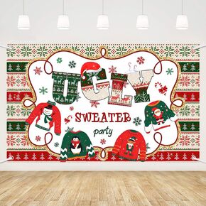 MEHOFOND Ugly Sweater Party Backdrop, Red and Green Ugly Xmas Sweater White Party Backdrop for Ugly Sweater Christmas Party Decoration Winter Kids Elfed Photo Booth Background Banner 5.9x3.6ft