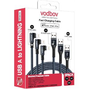 iPhone Charger Lightning Cord 3Pack 1FT 3FT 6FT Right Angle MFi Certified Cable Braided USB Charging Wire High Speed Black