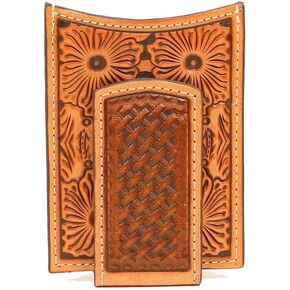 ARIAT Unisex-Adult's Floral and Basket Stamp Magnetic Money Clip Wallet, tan