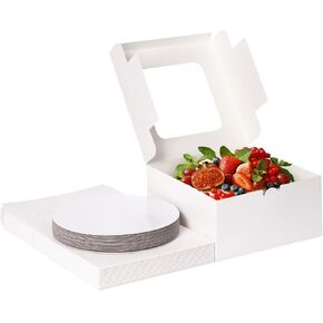 Moretoes 10 Inch Cake Boxes Set (40pcs, 20 Boxes & 20 Boards) 10x10x5 Inches Tall Cake Boxes with Window, White Bakery Cake Boxes with Boards for Pastries, Cookies
