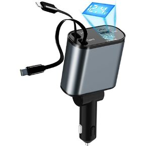 Retractable Car Charger, 60W Fast Charge Car Phone Charger with 1x Retractable Cable, 1x Retractable Type-C Cable, 2X USB Ports, and 12-24V Voltage Monitoring Compatible with iPhone Galaxy Pixels