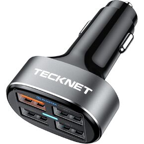 TECKNET USB Car Charger, 54W 4-Port Car USB Charger Multi Port Adapter, QC 3.0 Port Cigarette Lighter Charger, Fast Charging Adapter, Compatible with iPhone 15 Pro Max/15 Plus/15/14/13 Galaxy