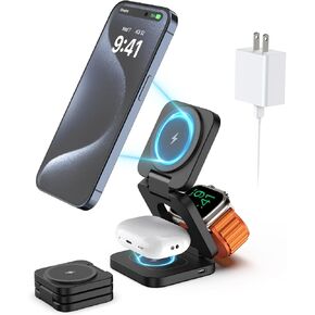 X55 Foldable 3 in 1 Charging Station for Apple Devices, 15W Fast Magnetic Wireless Charger, Mag-Safe Travel Charger Stand for iPhone 16 15 14 13 12 Series, 5W for Apple Watch, AirPods-Black