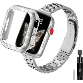 Gold Solid Stainless Steel Metal Band Compatible With Apple Watch 45mm 44mm 42mm 41mm 40mm 38mm, Bling Diamond Case for iwatch Strap Bands for Women & Men Series 9 8 7 6 5 4 3 2 1 SE