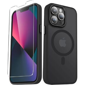 for iPhone 13 Pro Max Case, Matte Magnetic Phone Case with 1 Screen Protector, Support for Magsafe, Translucent Frosted Slim Shockproof Protective Cover for iPhone 13 Pro Max 6.7 inch, Black