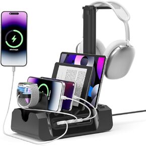 KDD Charging Station for Multiple Devices, 6-in-1 Charging Dock with Headphone Stand and Watch Holder, 2 AC, 3 USB A, 1 USB C, Multi Storage Charger Station for Cellphone,Tablets, Apple Watch and More