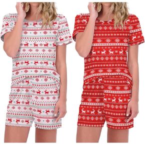Ekouaer 2 Pack Pajama Sets Womens's Short Sleeve Tops with Shorts Comfy Pjs Casual Lounge Sets Sleepwear with Pockets