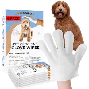 We Love Doodles Dog Cleaning Gloves Wipes - Pet Bathing Wipes for Dogs, Paws, Face, Body, Ears - Safe, Easy & Effective - Individually Packaged, Rinse-Free, Double-Sided, Alcohol-Free 12 PCS
