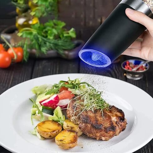 Electric Salt and Pepper Grinder Set, Gravity Sensor, Automatic Pepper Mill, One Hand Operation, Battery-Operated with Adjustable Coarseness, Blue Led Light (Black 1 Pack) in Kuwait