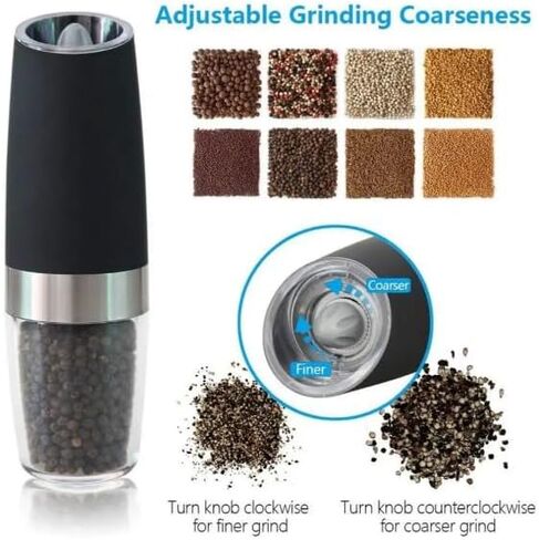 Electric Salt and Pepper Grinder Set, Gravity Sensor, Automatic Pepper Mill, One Hand Operation, Battery-Operated with Adjustable Coarseness, Blue Led Light (Black 1 Pack) in Kuwait