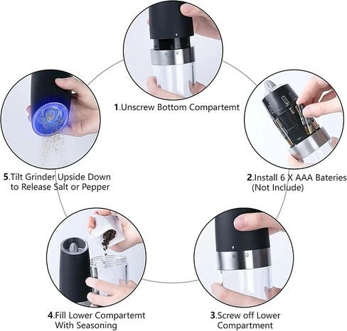 Electric Salt and Pepper Grinder Set, Gravity Sensor, Automatic Pepper Mill, One Hand Operation, Battery-Operated with Adjustable Coarseness, Blue Led Light (Black 1 Pack) in Kuwait