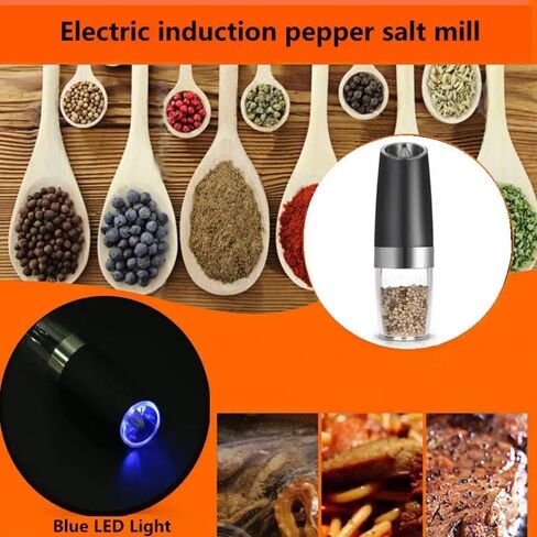 Electric Salt and Pepper Grinder Set, Gravity Sensor, Automatic Pepper Mill, One Hand Operation, Battery-Operated with Adjustable Coarseness, Blue Led Light (Black 1 Pack) in Kuwait