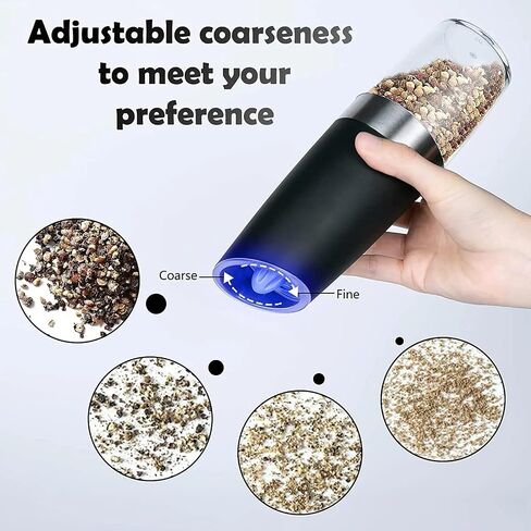 Electric Salt and Pepper Grinder Set, Gravity Sensor, Automatic Pepper Mill, One Hand Operation, Battery-Operated with Adjustable Coarseness, Blue Led Light (Black 1 Pack) in Kuwait