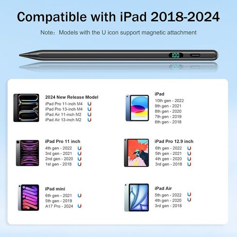 Stylus Pen for iPad 2024-2018 with LED Power Display Fast Charge,Palm Rejection Pencil for iPad Air 11/13 M2,iPad Pro 11/13 M4,iPad 10/9/8/7/6th,iPad Pro 11/12.9",iPad Air 5/4/3rd,iPad Mini 7/6/5 in Kuwait