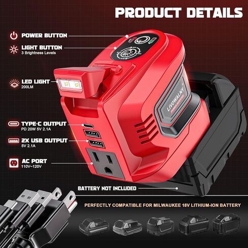 2 Packs Power Inverter for Dewalt 20V Battery, 200W Battery Inverter 20V to 110V-120V, Portable Power Adapter Charger Adapter Power Station Power Supply with 2 USB & 1 Type-C & 1 AC Outlet(No Battery) in Kuwait