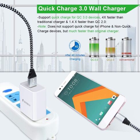 Quick Charge 3.0 Adaptive Charger Block + 6ft USB Type C كابل شحن سريع لهاتف Samsung Galaxy S24/S23/S22 Ultra/S21 FE/S20 A16 A06 A25 A35 A15 A54 A14 A04S A53 A13 A03S A02S A12 A32 A51 S10 S9 in Kuwait