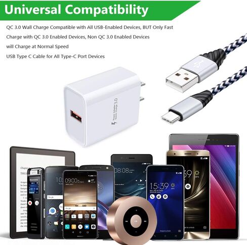 Quick Charge 3.0 Adaptive Charger Block + 6ft USB Type C كابل شحن سريع لهاتف Samsung Galaxy S24/S23/S22 Ultra/S21 FE/S20 A16 A06 A25 A35 A15 A54 A14 A04S A53 A13 A03S A02S A12 A32 A51 S10 S9 in Kuwait