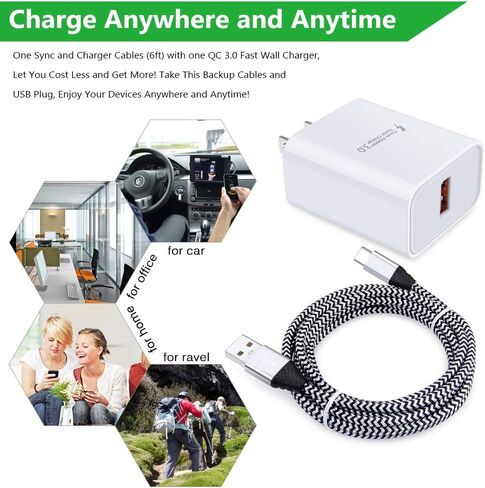 Quick Charge 3.0 Adaptive Charger Block + 6ft USB Type C كابل شحن سريع لهاتف Samsung Galaxy S24/S23/S22 Ultra/S21 FE/S20 A16 A06 A25 A35 A15 A54 A14 A04S A53 A13 A03S A02S A12 A32 A51 S10 S9 in Kuwait