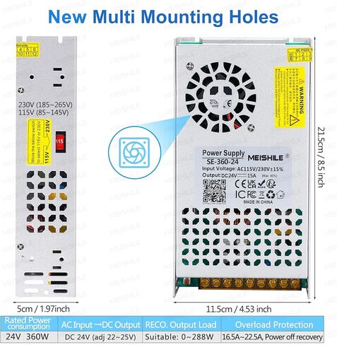 MEISHILE 24V 15A 360W تحويل محول التيار المتردد إلى DC محول لمصباح ضوء شريط السائق LED، طابعة ثلاثية الأبعاد، مكبر للصوت، آلة، 120V 110V إلى 24Volt 3A 4A 5A 8A 10A 12Amp in Kuwait
