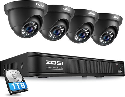 ZOSI 4 Pack 1080p 2MP HD-TVI كاميرا مراقبة منزلية خارجية داخلية 1920TVL، كاميرا مراقبة مقاومة للطقس CCTV كاميرا قبة سوداء، رؤية ليلية 80 قدمًا، 24 قطعة LED، زاوية رؤية 90 درجة in Kuwait