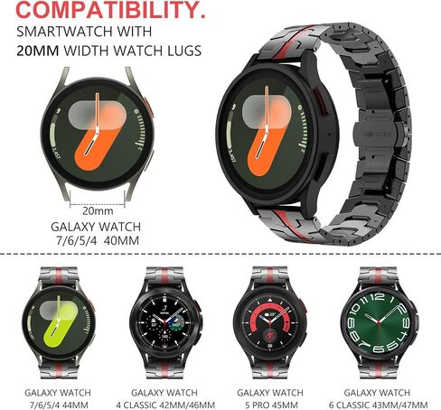 FULLIFE Compatible with Samsung Galaxy Watch 7 6 5 4 FE 40mm 44mm Band Metal Folding Clasp Stainless Steel 20mm Galaxy Watch 6 Classic 4 Classic 5 Pro 43mm 47mm 42mm 46mm 45mm for Men Women, Black/Red in Kuwait