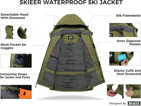 Skieer Men's Mountain Waterproof Ski Jacket Winter Rain Jacket Warm Fleece Snow Coat in Kuwait