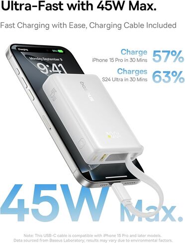Baseus Power Bank, Picogo 10000mAh 45W 3-Output Portable Charger with Built-in USB-C Cable, PPS/PD QC Fast Charging External Battery Pack for iPhone 16/15/14/13 Series, Samsung, MacBook Pro, iPad in Saudi Arabia